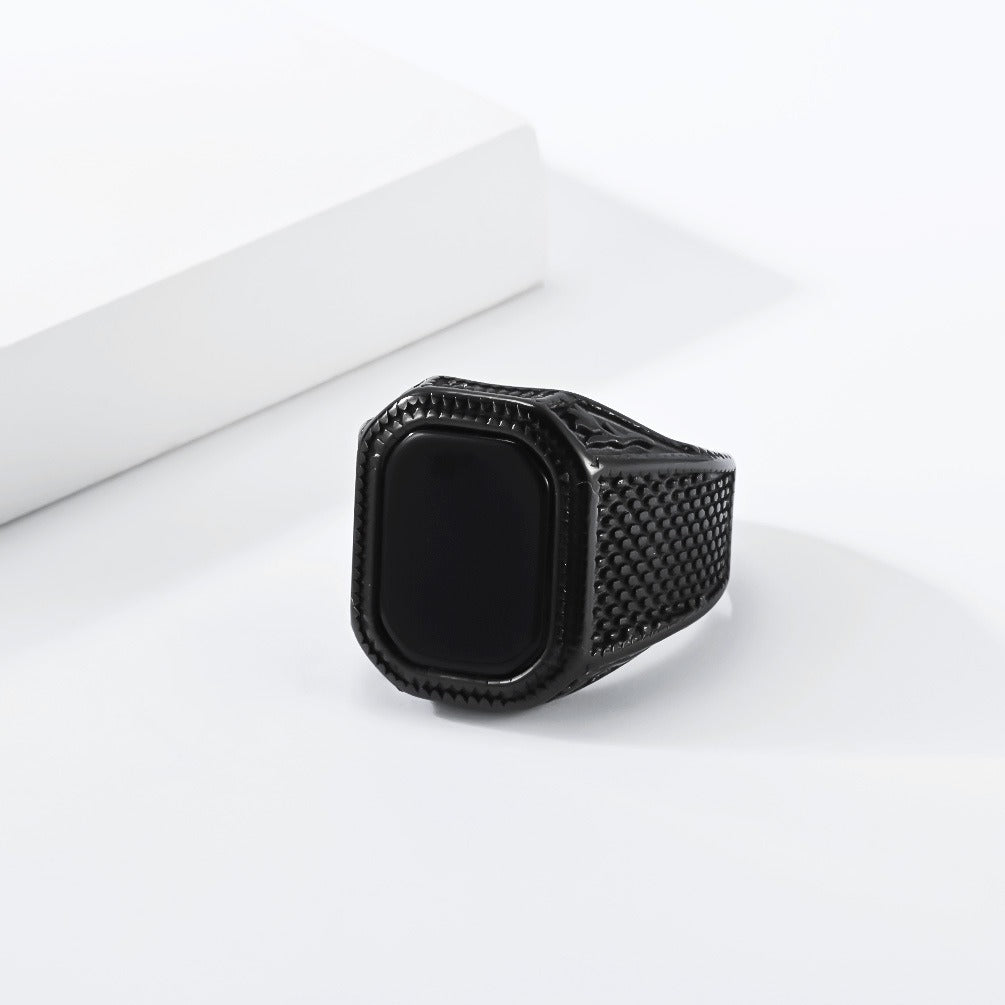 Kemstone Black Stone Signet Ring for Men Stainless Steel Textured Wide Band Vintage K-R1210