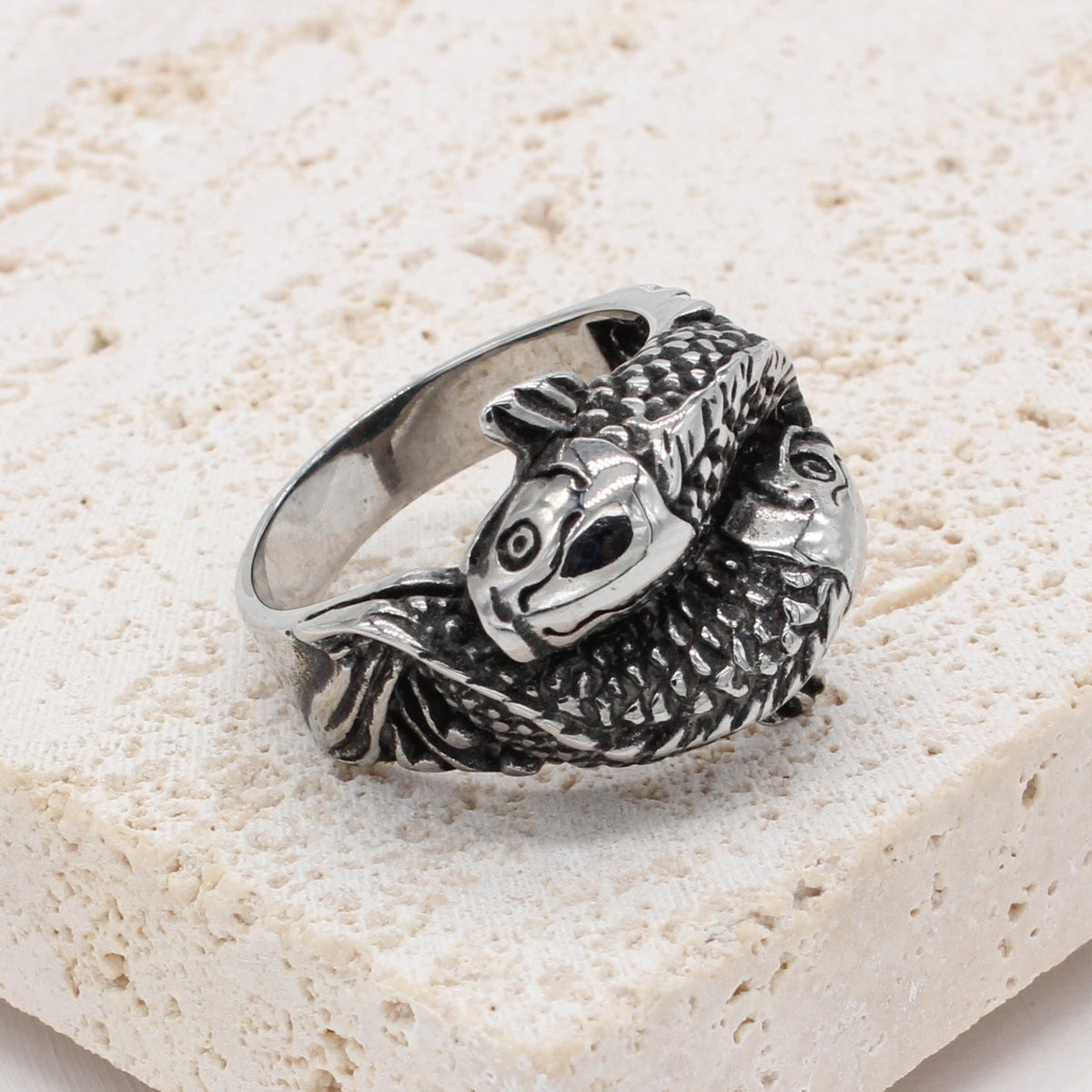 Kemstone Titanium Steel Sculpted Koi Fish Ring for Men R1075