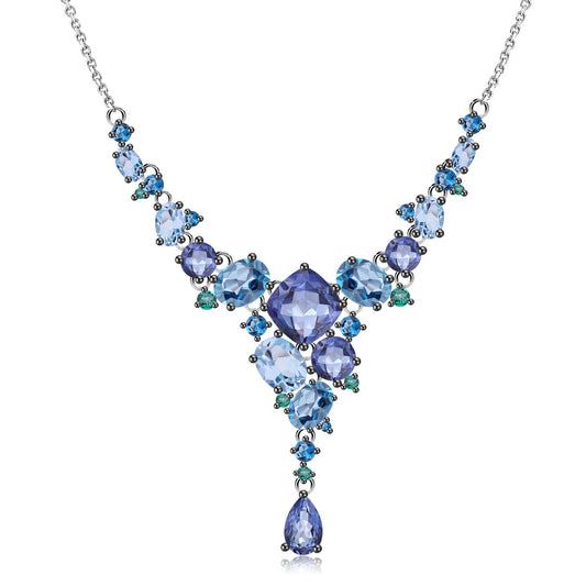 Kemstone Elegant Gemstone Pendant Necklace | 925 Sterling Silver | Swiss Blue Topaz, Nano Emerald-Green, and Nano Sapphire Blue Accents