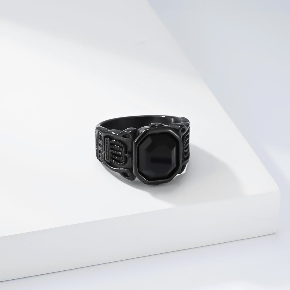 Kemstone Black Stone Signet Ring for Men Stainless Steel Crown Detail Vintage Silver Gold K-R1144