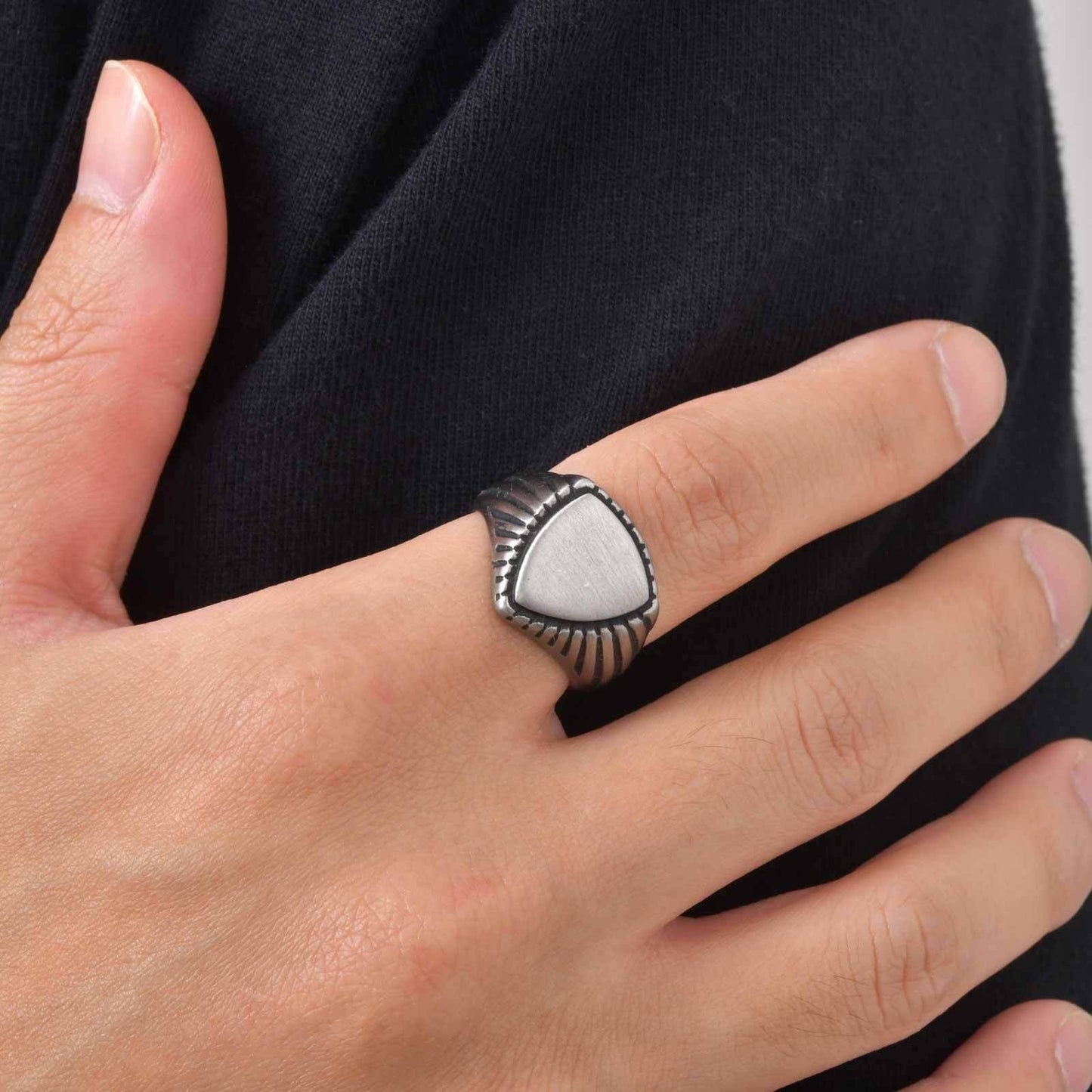 Kemstone Triangle Signet Ring Stainless Steel Brushed Silver for Men RC-843