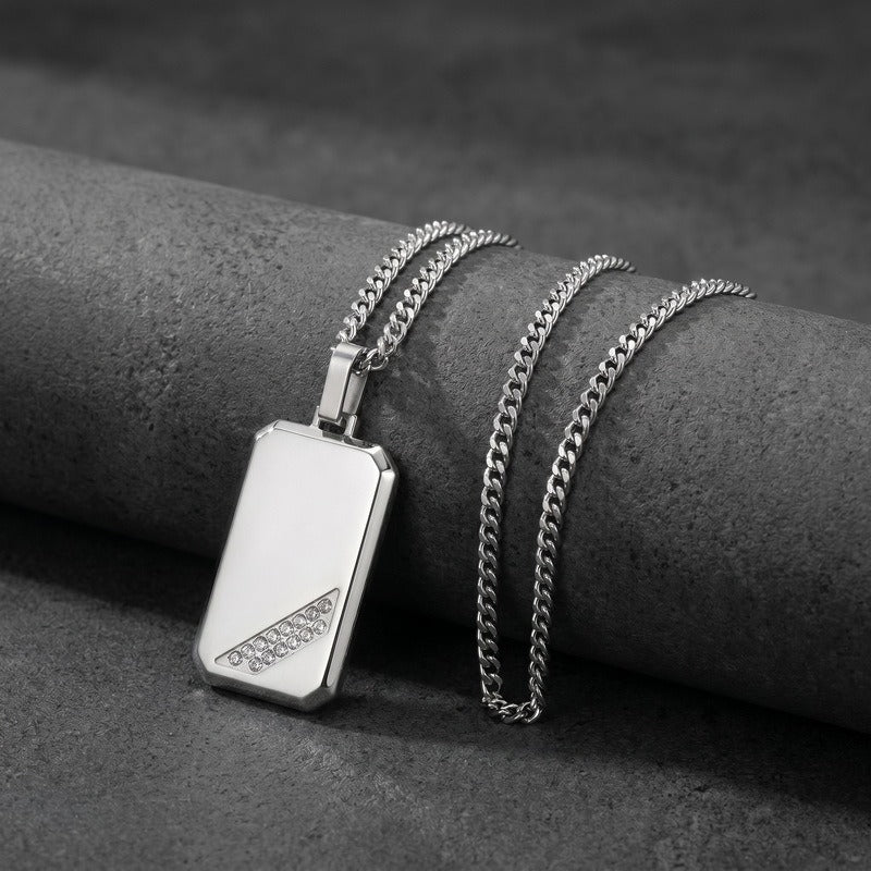 Kemstone Titanium Steel Tag Pendant Necklace for Men Angled Cubic Zirconia KN302396-KFC
