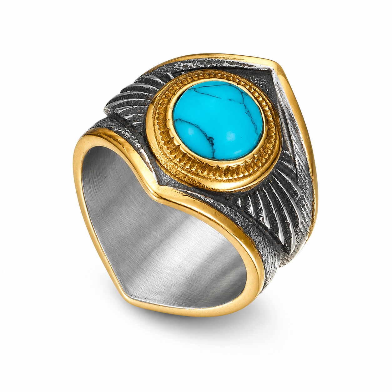 Kemston Turquoise Ring for Men Titanium Steel Feather Texture Vintage Stone R1530