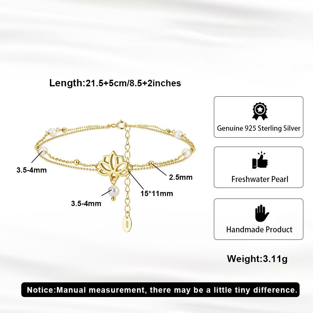 Kemstone 925 Sterling Silver Lotus Anklet for Women Layered Freshwater Pearl Gold Silver SA100