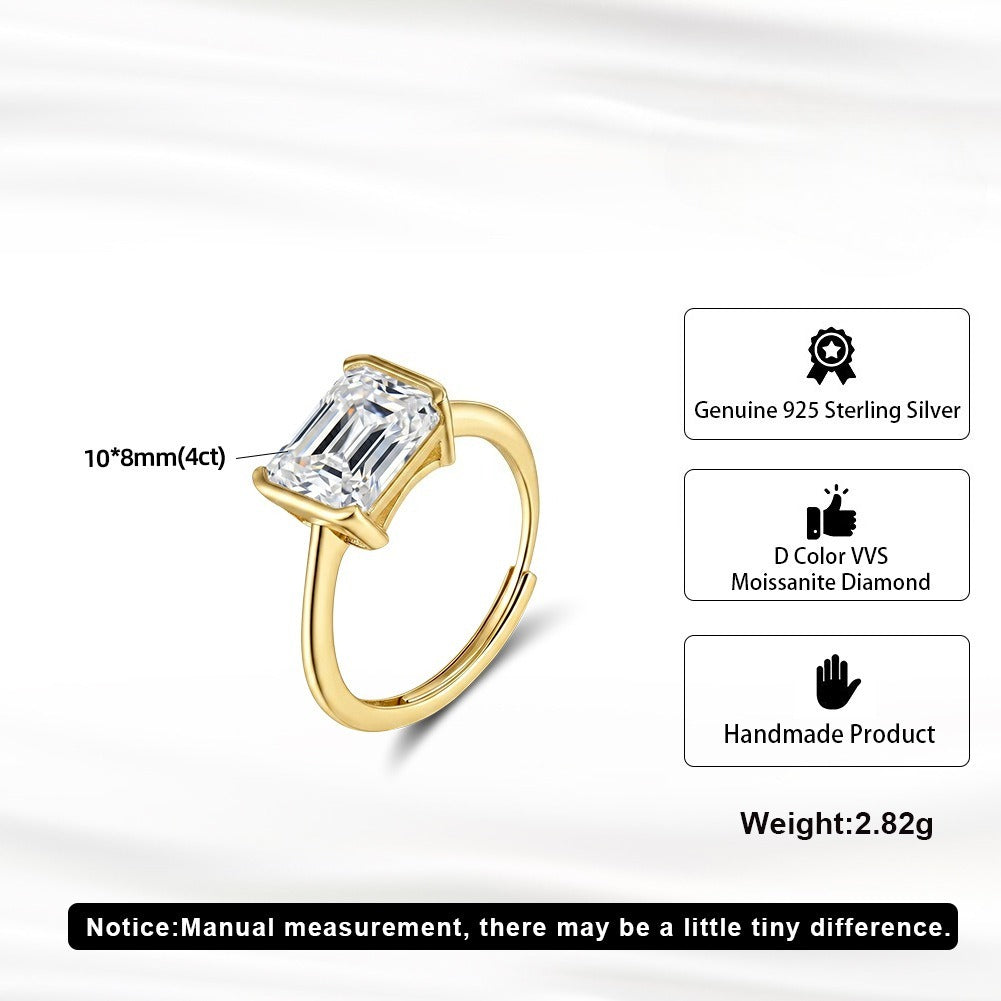 Kemston 925 Sterling Silver Square Moissanite Open Ring for Women SMOR20