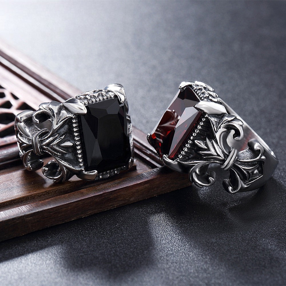 Kemstone Red Stone Statement Ring for Men Titanium Steel Vintage R0053