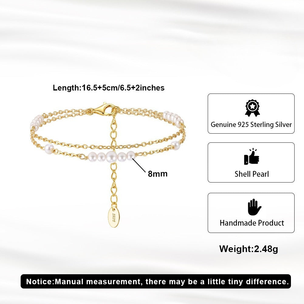 Kemstone Double Chain Shell Pearl Bracelet for Women 925 Sterling Silver PSB16
