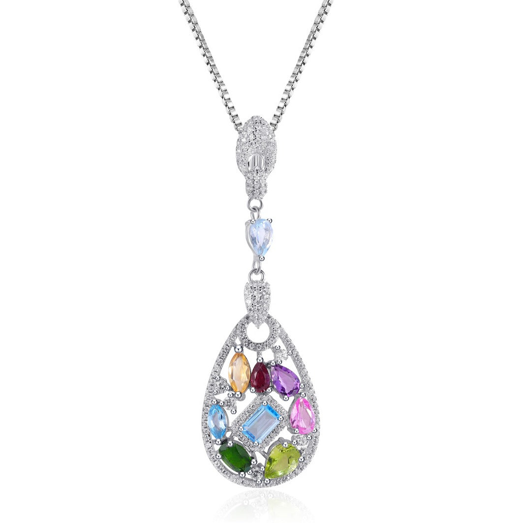 Collar con colgante de lágrima de topacio azul natural y piedras preciosas multicolores, diseño original artesanal de Kemstone | Plata de ley S925 | Cadena de 45 cm
