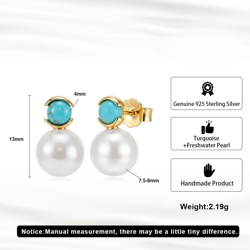 Kemstone Turquoise Freshwater Pearl Stud Earrings for Women 925 Sterling Silver MPE08