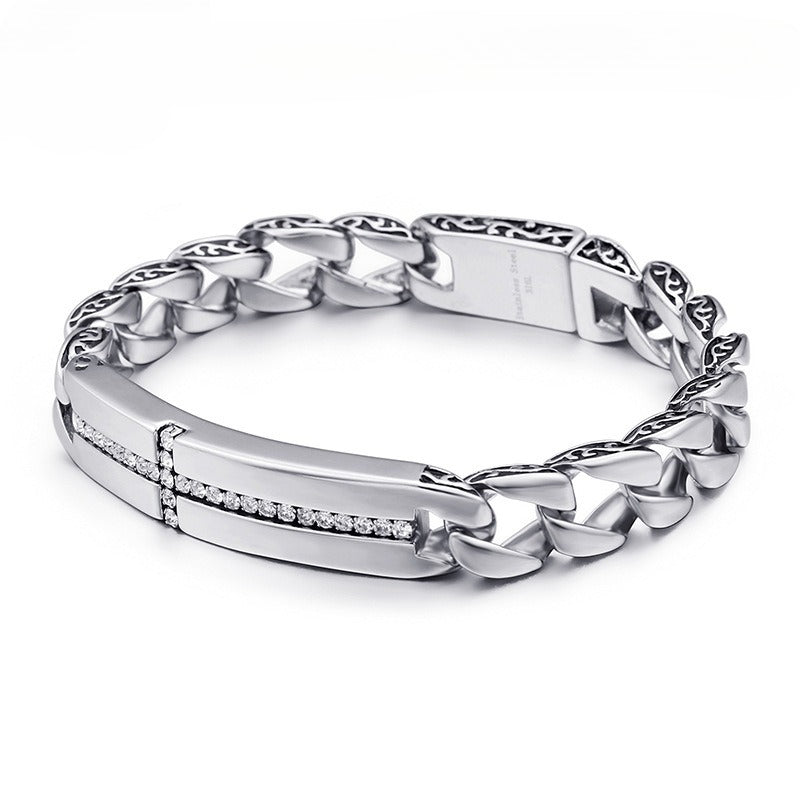 Kemstone Stainless Steel Cross Bracelet for Men Cubic Zirconia Cuban Link KB102755-BD