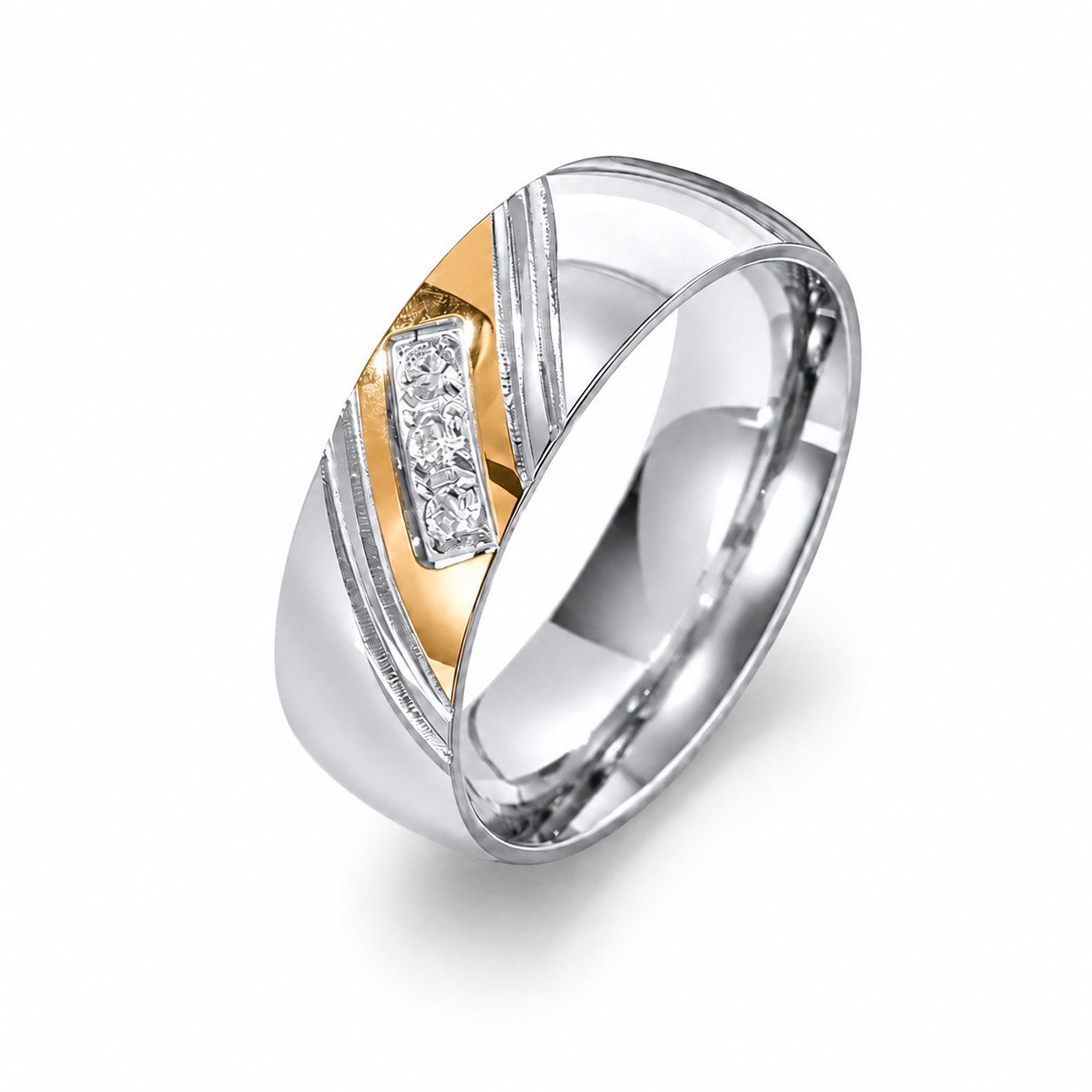 Kemstone Stainless Steel Two Tone Cubic Zirconia Ring for Men Silver Gold TR0422