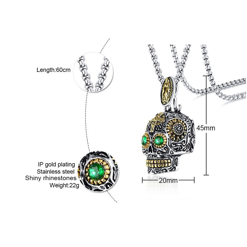 Kemstone Stainless Steel Skull Pendant Necklace for Men with Green Crystal Eyes Punk Style PN-1158