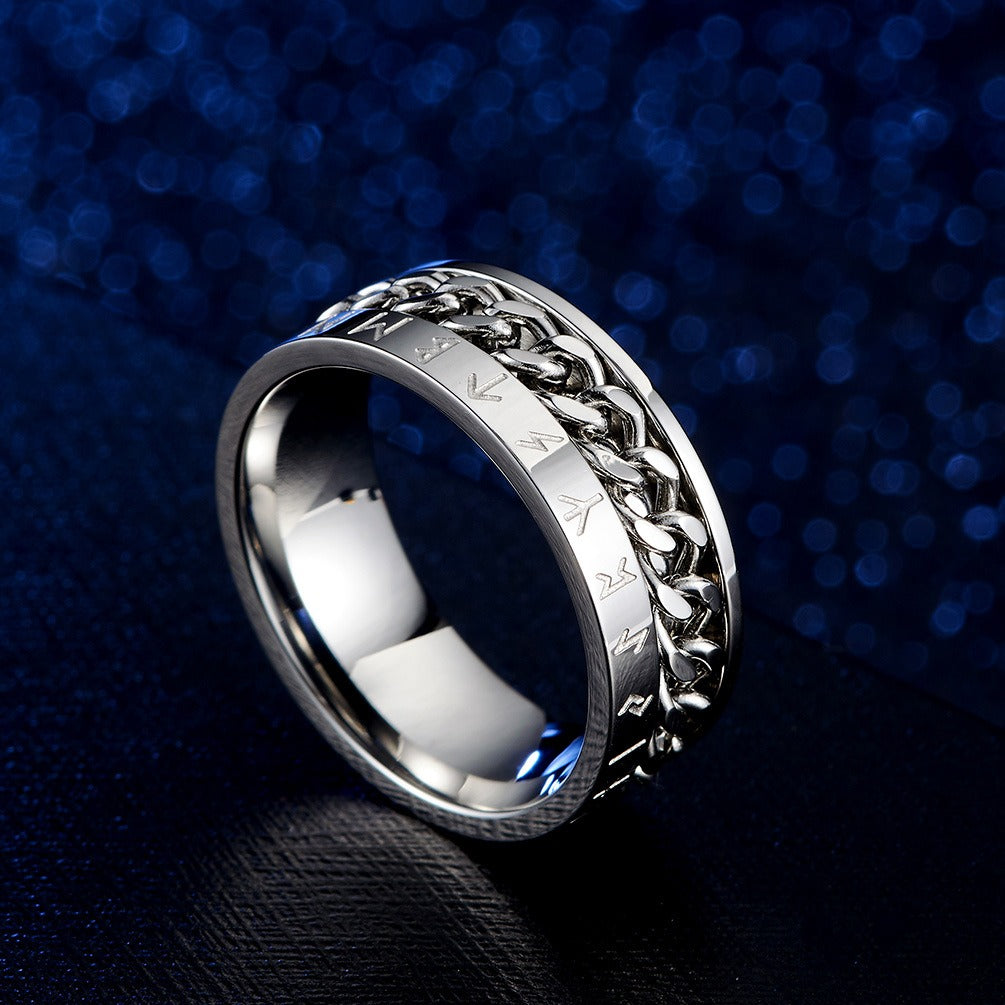 Kemstone Men’s Titanium Steel Viking Rune Chain Spinner Ring – Vintage Norse Style K-R336