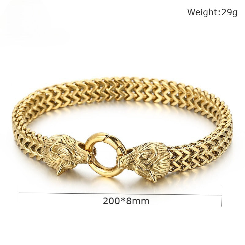 Kemstone Double Wolf Head Bracelet – Titanium Steel Braided Chain Hip Hop Style for Men KB151774-KFC