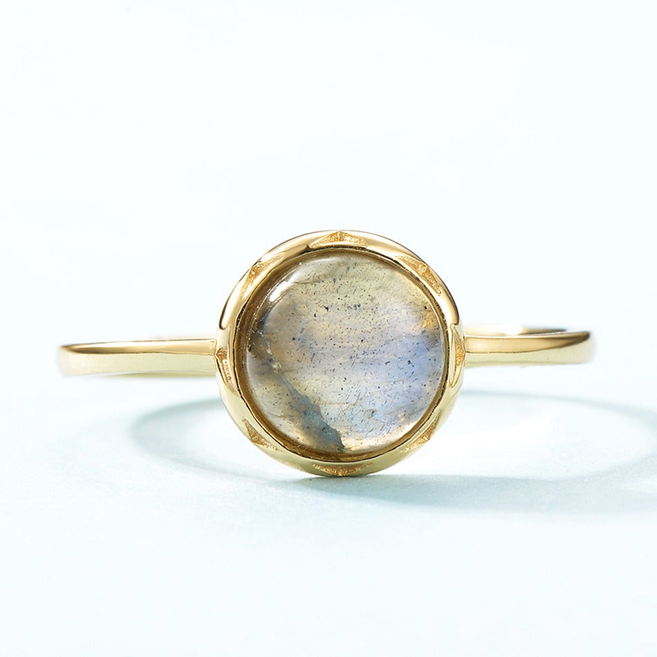 Anillo minimalista de labradorita azul, diseño original artesanal de Kemstone - Plata S925 ajustable con baño de oro de 9 quilates