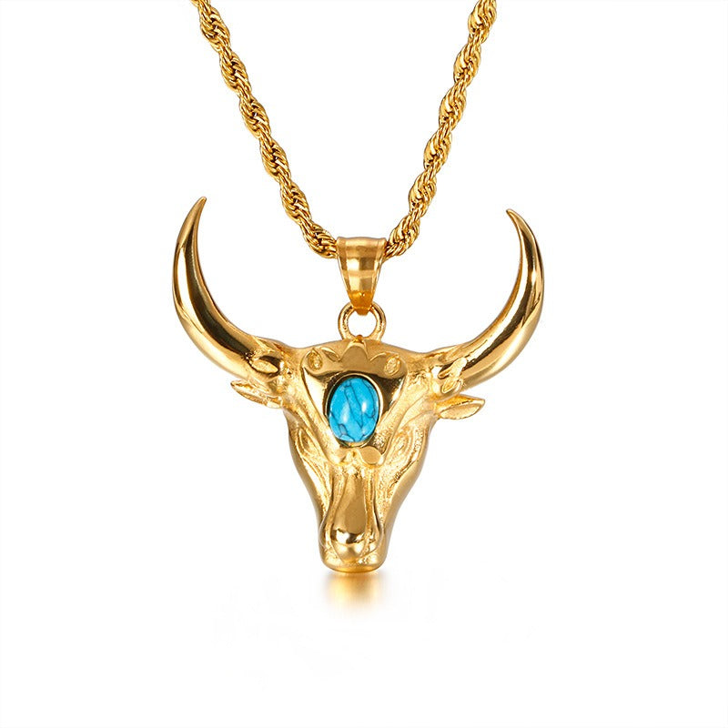 Kemstone Bull Horn Design Turquoise Titanium Punk Necklace - Stainless Steel Men's Accessories KP81530-K