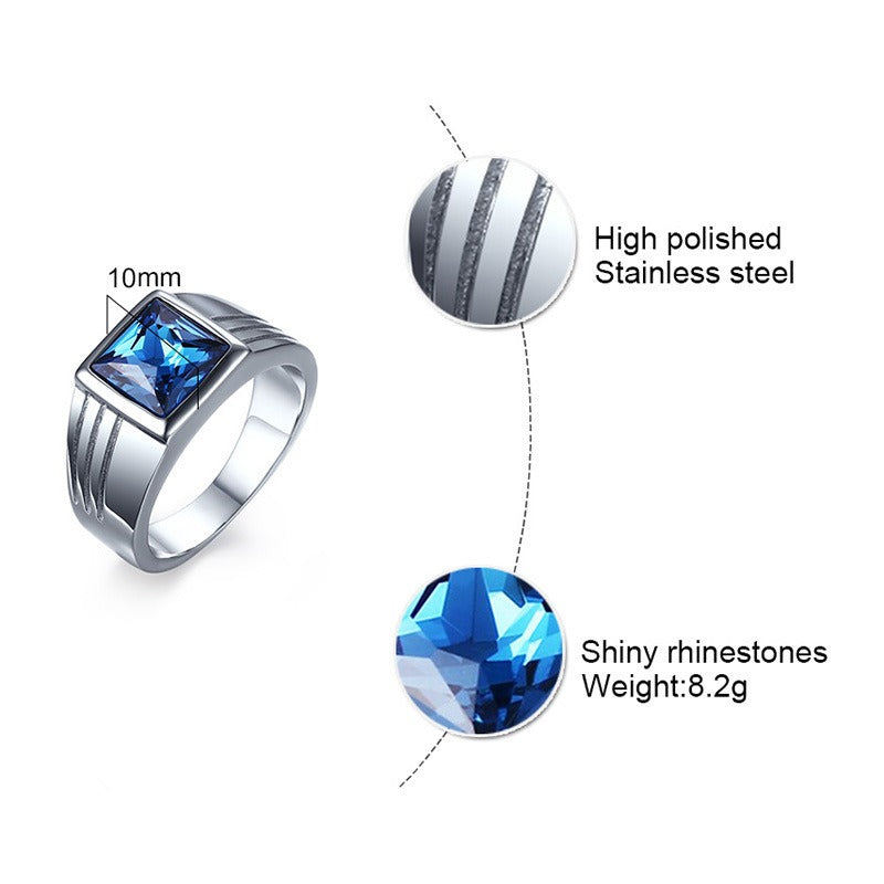 Kemstone Stainless Steel Blue Cubic Zirconia Ring for Men Silver RC-269