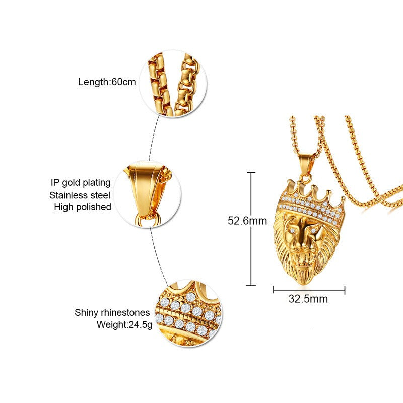 Kemstone Lion Head Pendant Necklace for Men Stainless Steel Gold Plated Crown Detail PN-1028