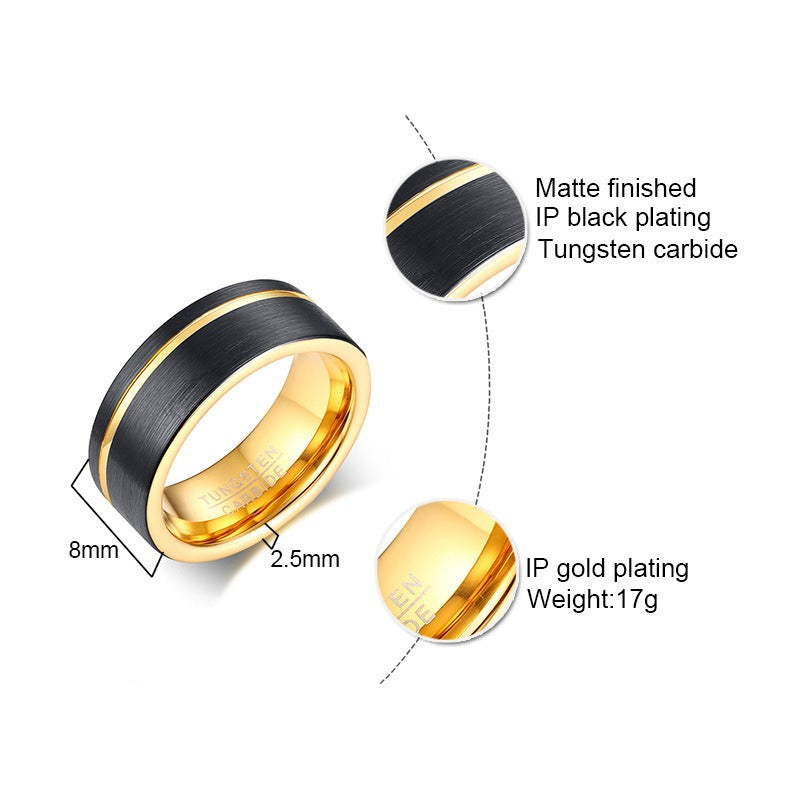Kemstone 8mm Brushed Tungsten Ring – Black & Gold Groove Design for Men TCR-049
