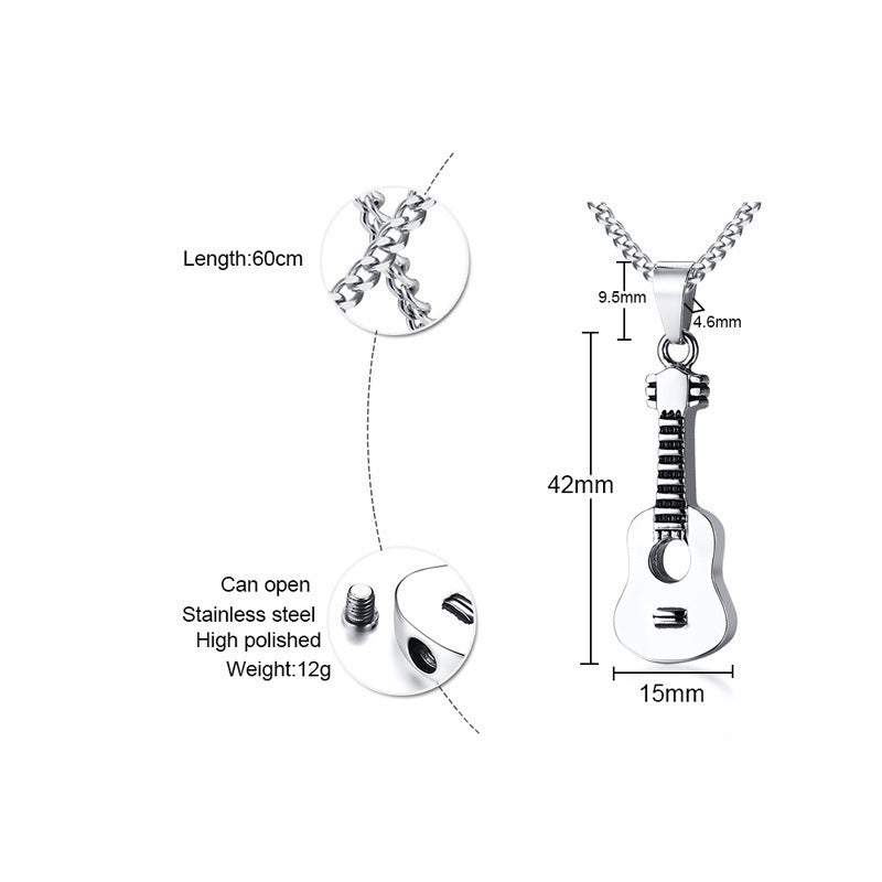 Kemston Guitar Pendant Necklace for Men & Women Titanium Steel Hidden Compartment PN-1128