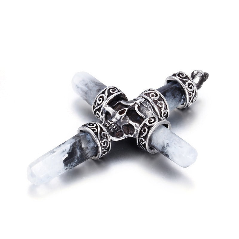 Kemston Titanium Steel Skull Cross Pendant Necklace for Men Gothic Resin Inlay Chain KP42893-BD