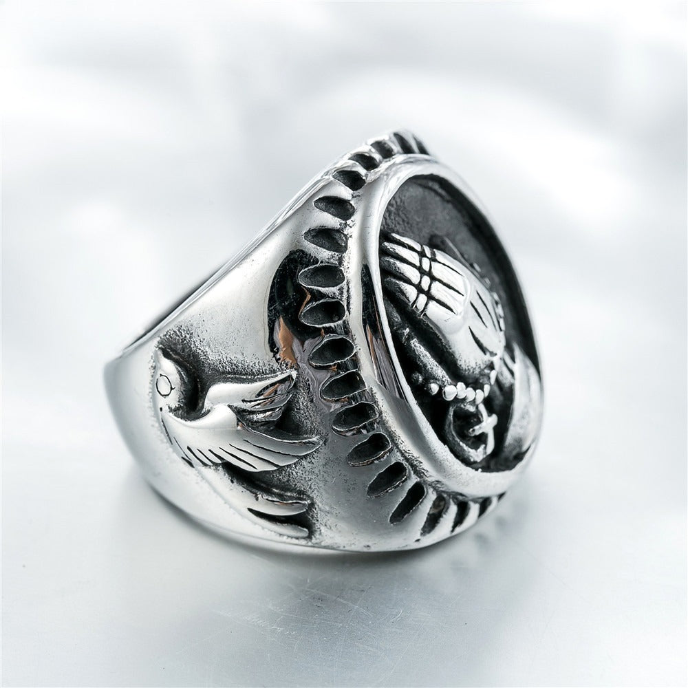 Kemstone Praying Hands Ring for Men Titanium Steel Dove Relief Vintage Oval R0297