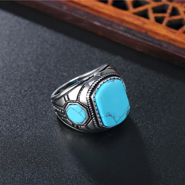 Kemstone Titanium Steel Turquoise Signet Ring for Men Vintage Stone R0584