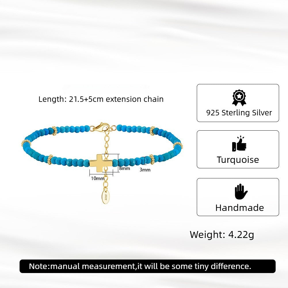 Kemstone 925 Sterling Silver Turquoise Anklet for Women Cross Charm Beaded Chain SA86