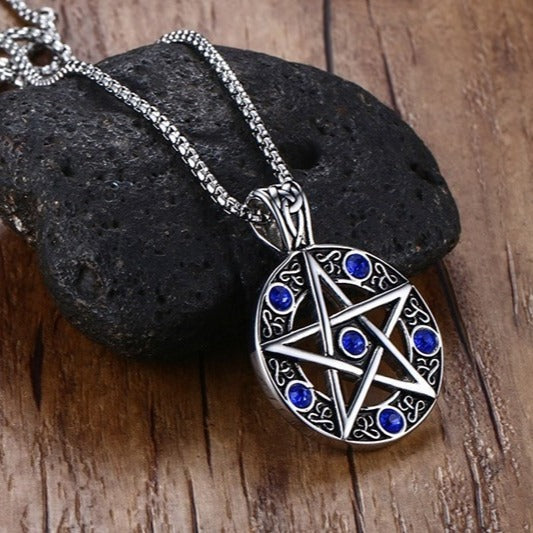 Kemstone Titanium Steel Pentagram Necklace for Men – Blue CZ Gothic Pendant PN-567