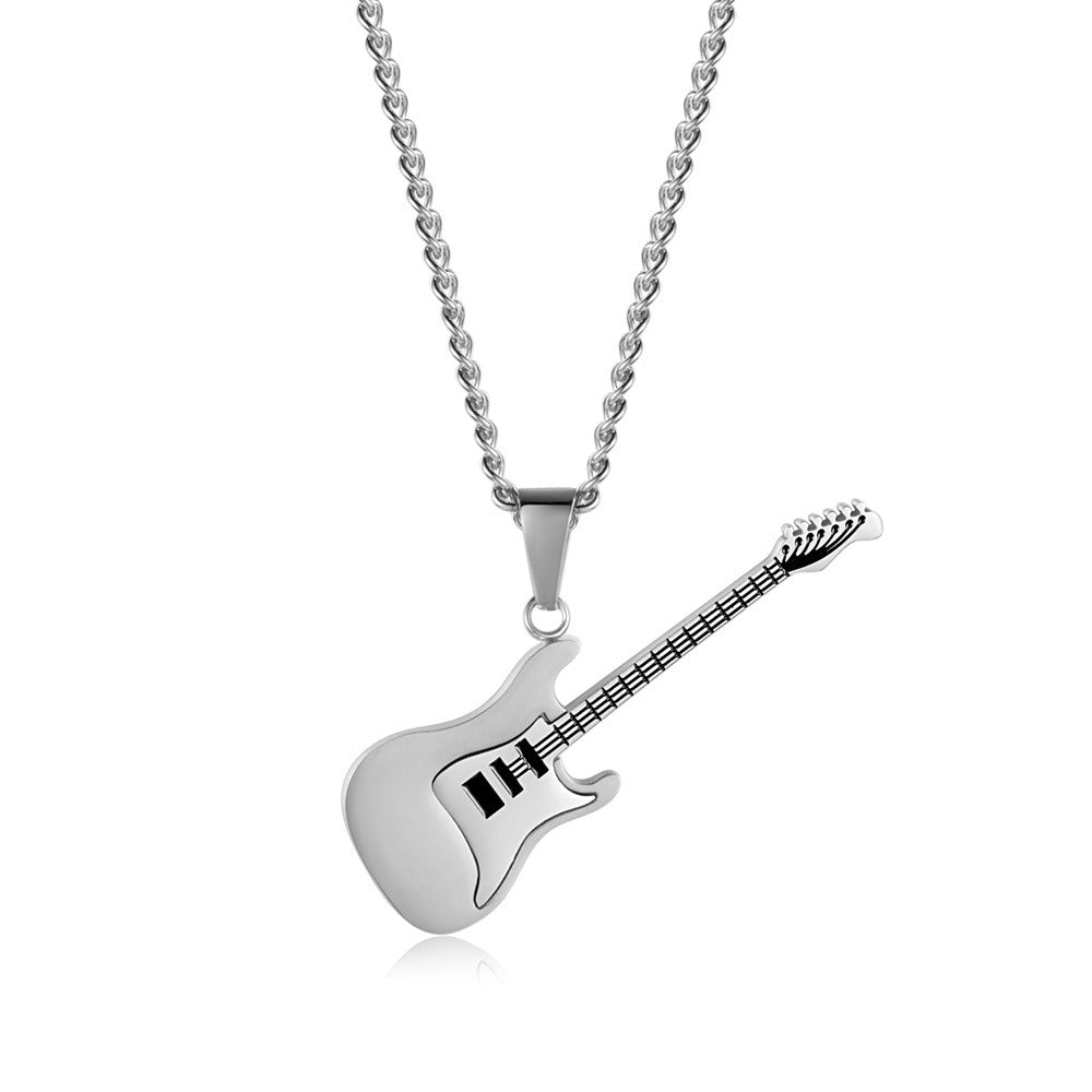 Kemstone Stainless Steel Electric Guitar Pendant Necklace for Men – 60cm Chain, Silver Gold Black K-PT147