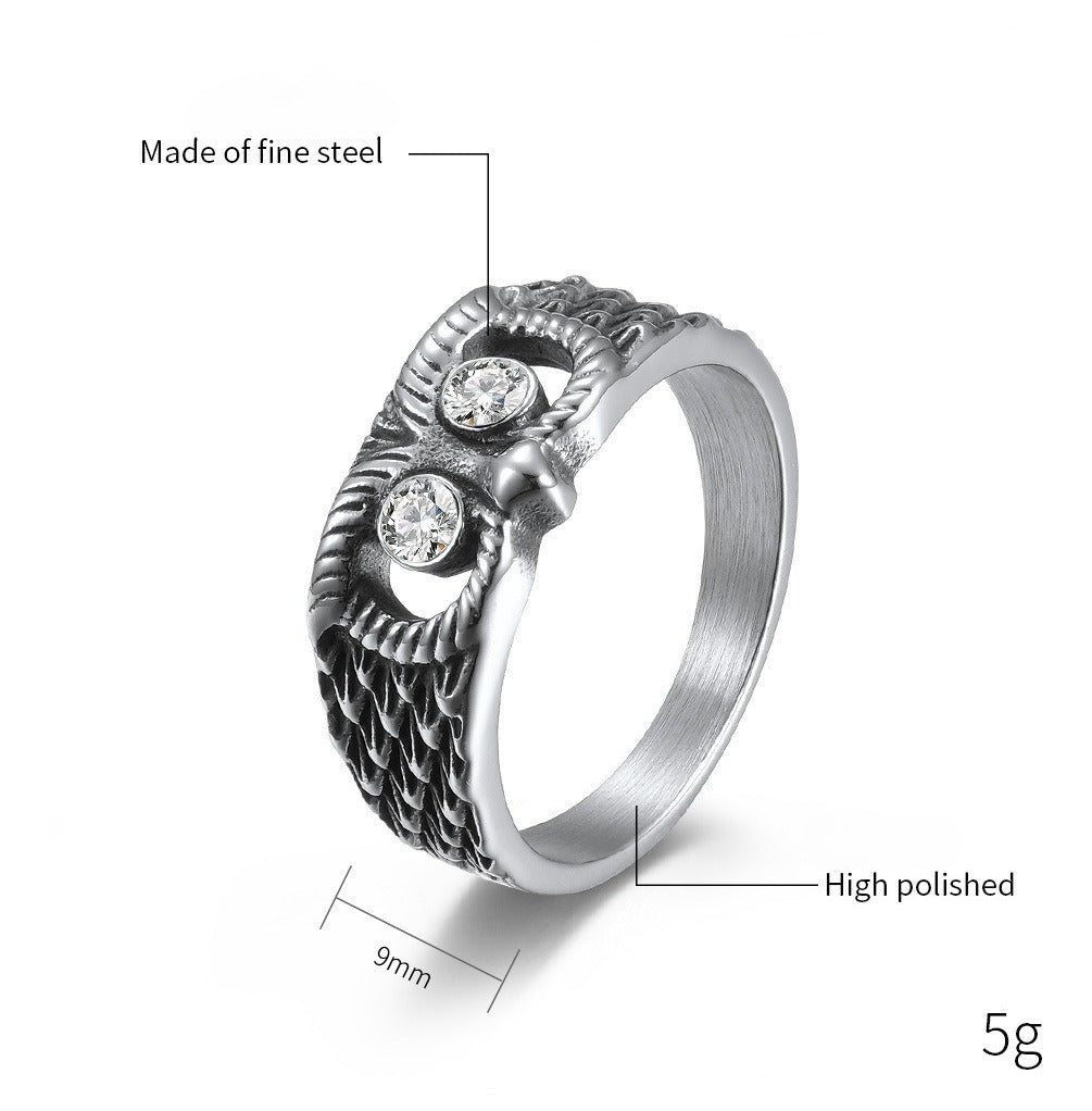 Kemstone Stainless Steel Owl Ring – Vintage Finish Animal Band with Cubic Zirconia Eyes for Men & Women K-R625