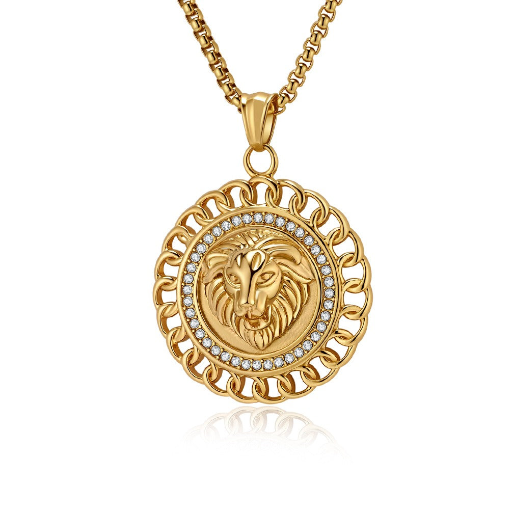 Kemstone Stainless Steel Lion Medallion Pendant Necklace for Men Gothic Vintage Animal Chain K-PT624