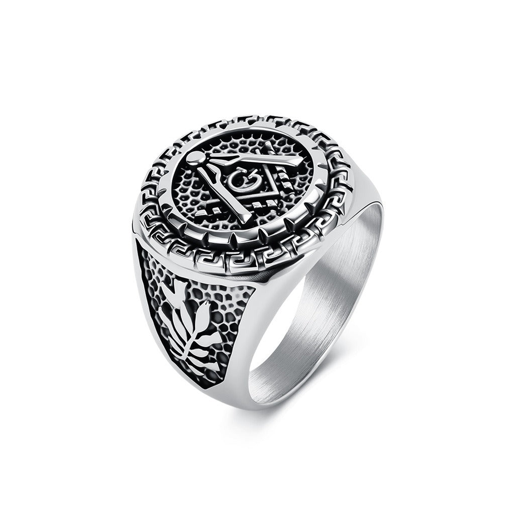 Kemstone Stainless Steel Vintage Geometric Compass Signet Ring for Men K-R11790