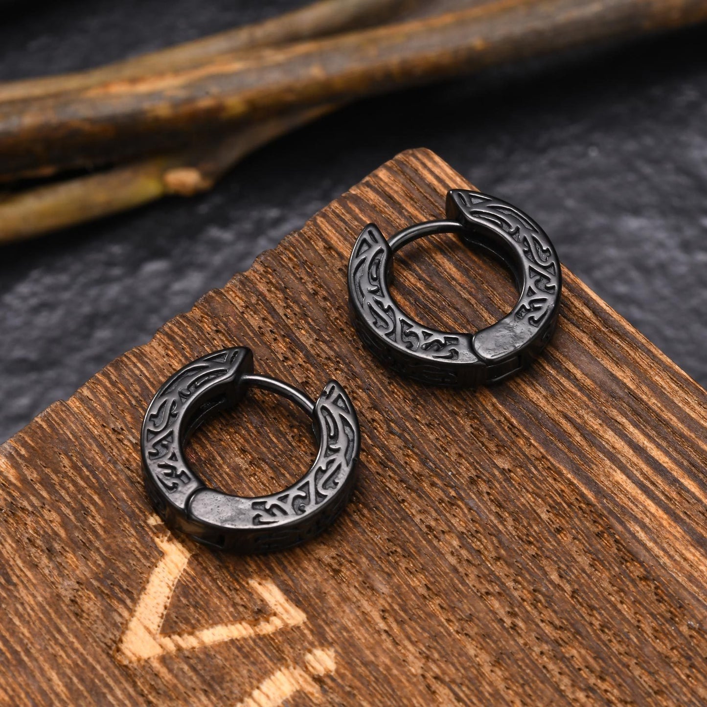 Kemstone Stainless Steel Engraved Hoop Earrings – Vintage Huggie Jewelry for Men, Gold/Silver/Black EH-699