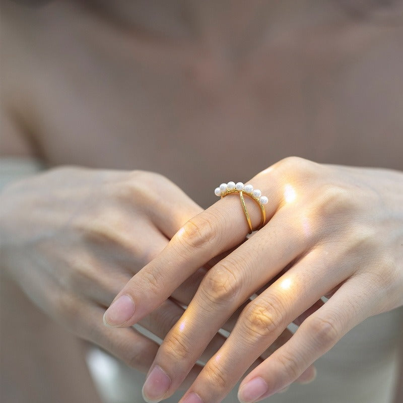 Kemstone Handcrafted Original Design Minimalist Geometric Pearl Ring, Adjustable S925 Sterling Silver with 9K Gold Plating