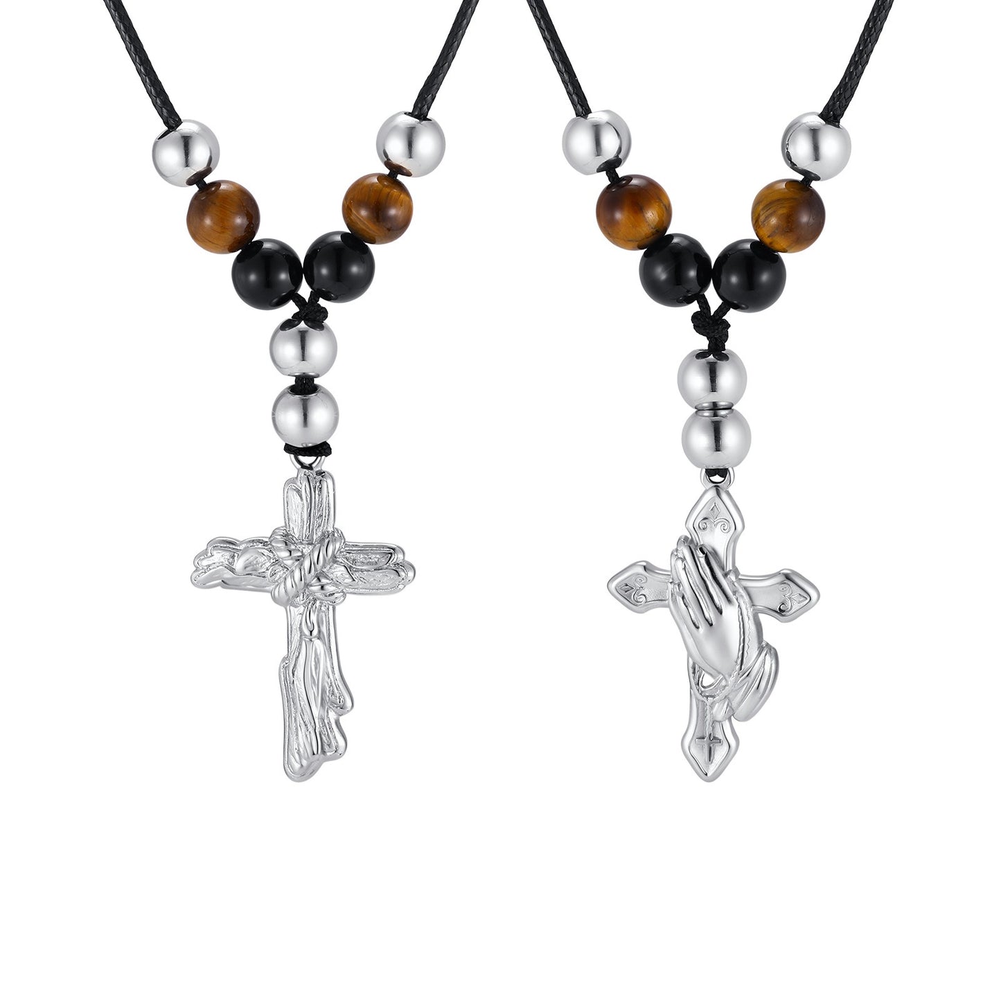 Kemston Beaded Cross Necklace for Men Black Onyx Tiger Eye Stainless Steel Adjustable Rope Pendant NC-2783