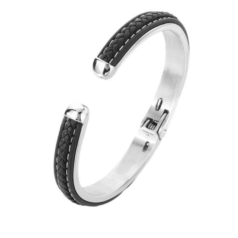 Kemstone Stainless Steel Braided Leather Open Cuff Bracelet for Men Minimalist Casual Wrist Bangle KB97554-BD