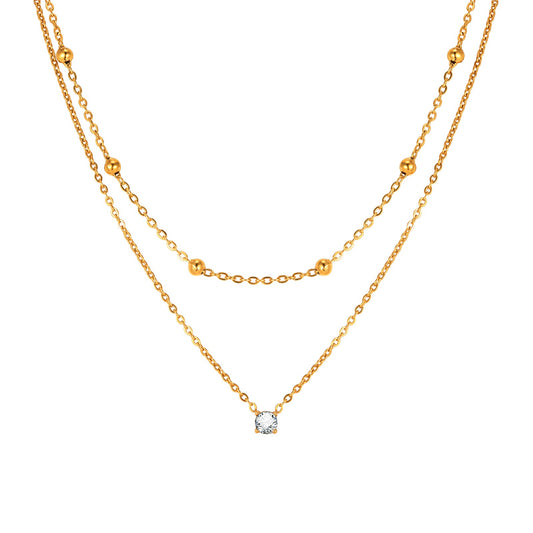 Collar elegante de acero inoxidable de doble capa con circonitas estilo INS para dama en dorado 1856