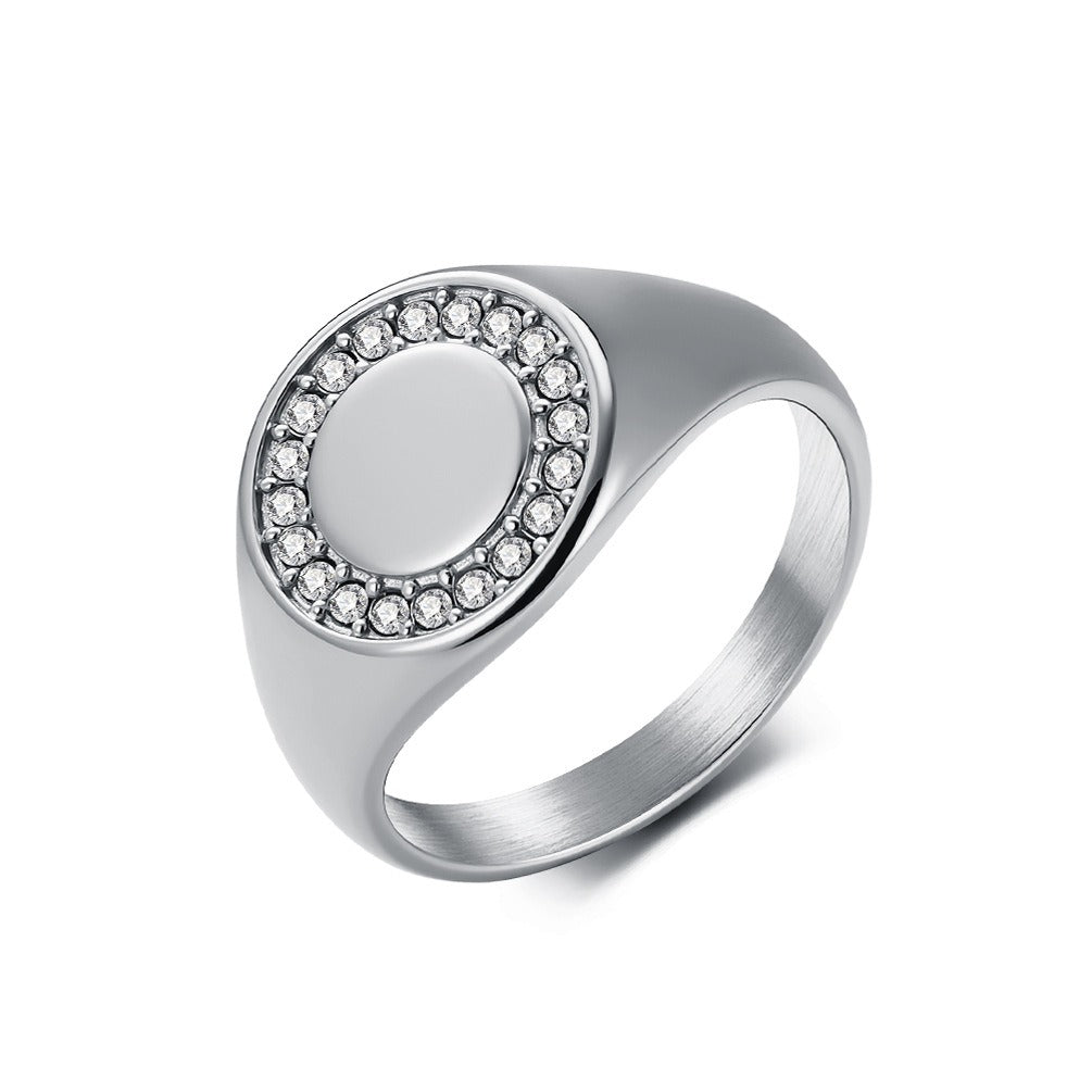 Kemstone Stainless Steel Round Signet Ring with Cubic Zirconia Halo for Men & Women Gold Silver K-R1137