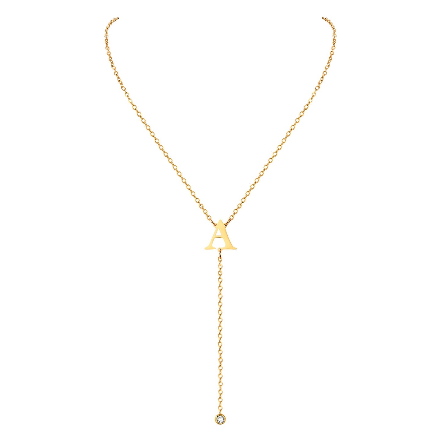 Collar de cadena cruzada plana de acero inoxidable con letra, circonita blanca y flecos dorados. Joyería minimalista personalizada para mujer. NC-1936G