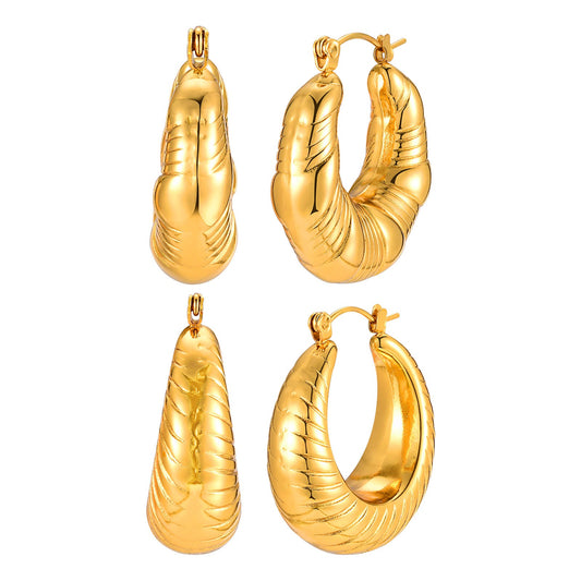 Golden Textured C-Hoop Earrings – Stainless Steel Embossed Jewelry for Women EH-724