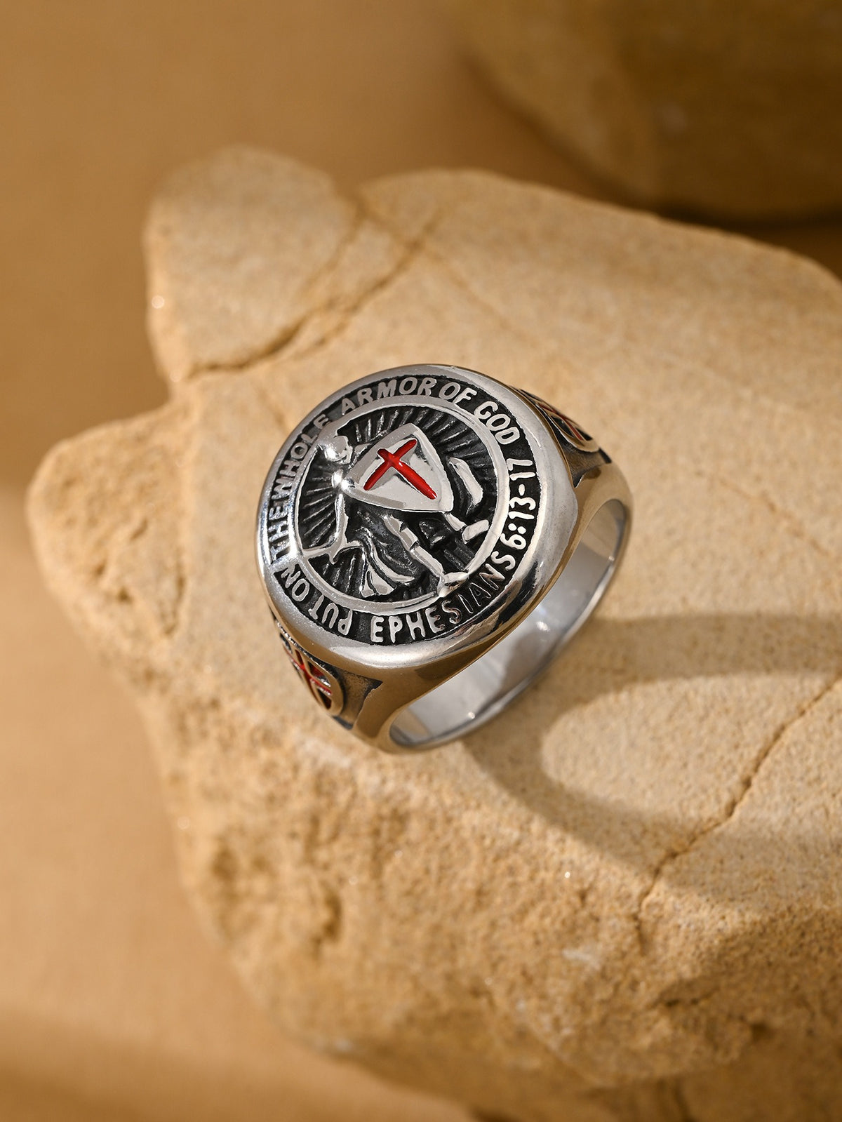 Kemstone Cross Shield Ring for Men Stainless Steel Engraved Emblem TR0528