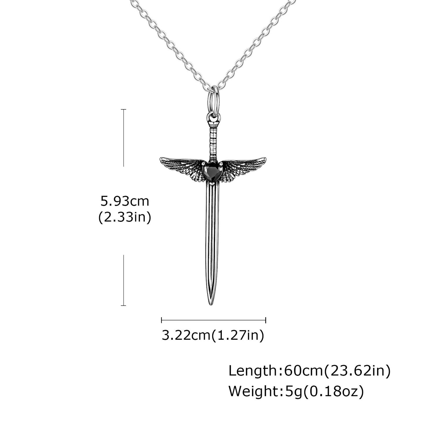 Kemstone Stainless Steel Winged Sword Pendant Necklace with Black Cubic Zirconia for Men PN-2245