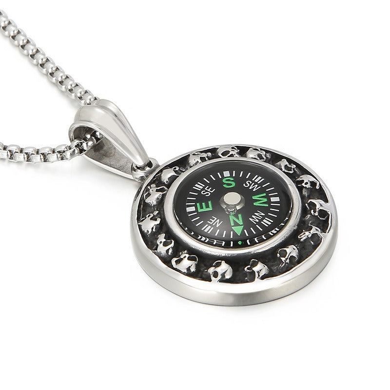 Kemstone Titanium Steel Compass Skull Pendant Necklace for Men Vintage Round Design KP55736-BD