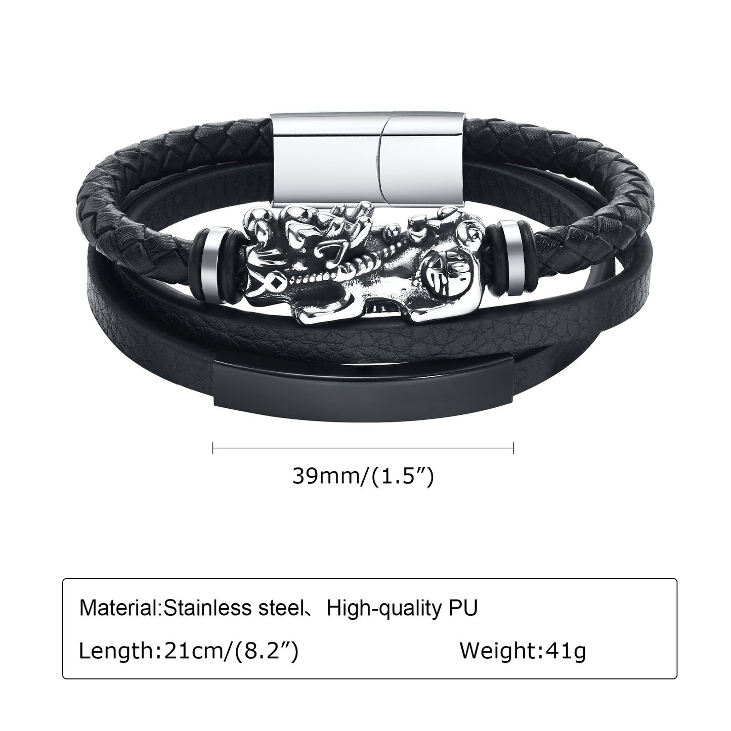 Kemstone Men’s Black Leather Bracelet – Triple-Layer Band with Stainless Steel Pixiu Charm BL-681