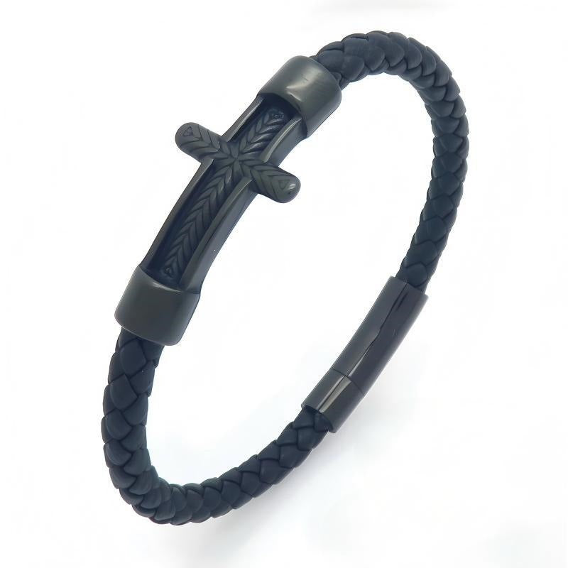 Kemstone Wheat Engraved Cross Bracelet for Men Braided Faux Leather Titanium Steel KB214751-SJ