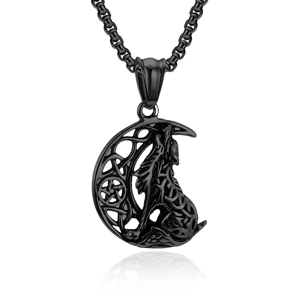 Kemstone Celtic Wolf Stainless Steel Pendant Necklace – Retro Moon Design for Men K-PT420