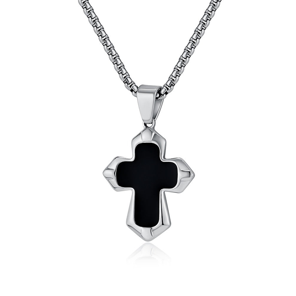 Kemstone Black Enamel Cross Necklace for Men Stainless Steel Faceted Edge K-PT560