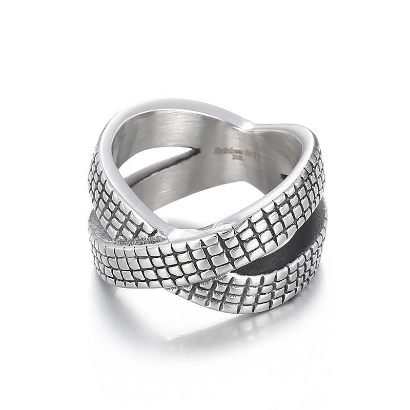 Kemstone Crossed Infinity Grid Titanium Steel Ring for Men – Vintage Oxidized Wide KR104179-BDJX