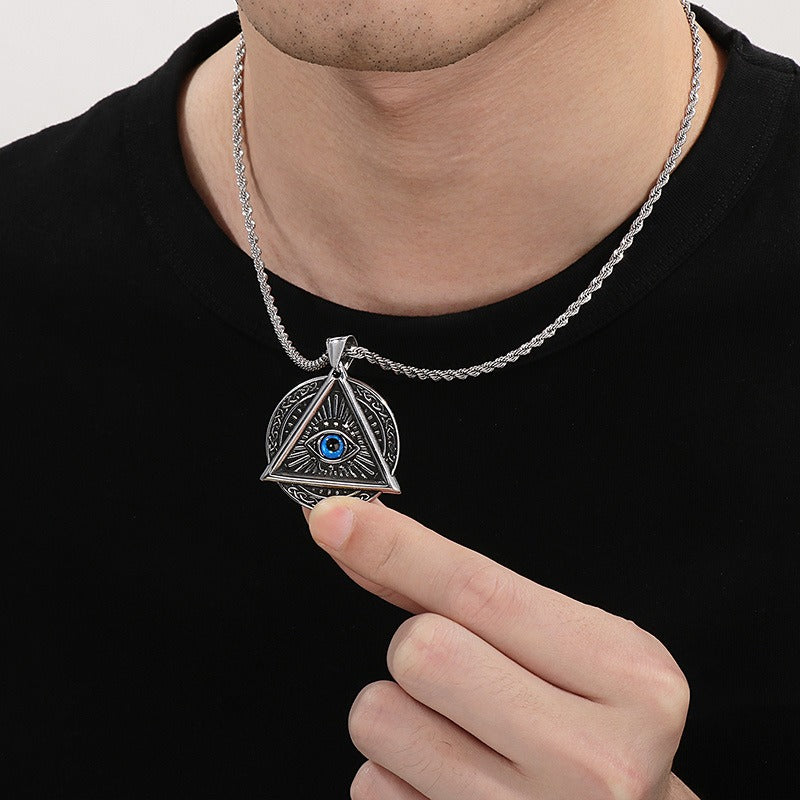 Kemstone Punk Triangle Chain Pendant - Vintage Hexagram Evil Eye Stainless Steel Necklace, Retro Bohemian Men's Fashion Accessory KP119884-MI